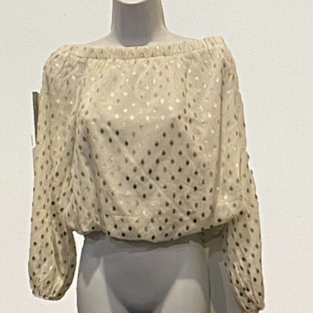 VICI WHITE WITH GOLD METALLIC DOTS NWT BLOUSE SMALL